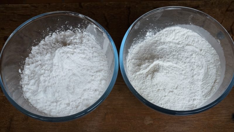 Rice flour and tapioca starch to make the banh can noodles