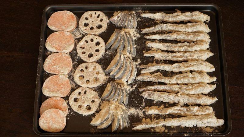 Tempura of shrimp and vegetables before frying