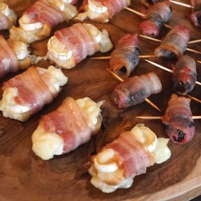 Party Appetizers - Prune and Rosemary Bacon rolls - Goat Cheese and Garlic Bacon Rolls
