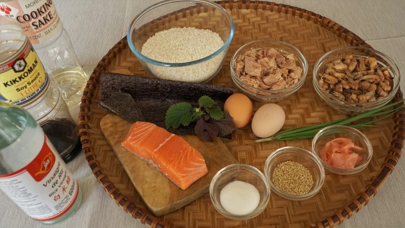 Ingredients to make 4 kinds of onigiri