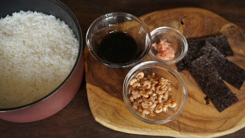 Grey shrimp with teriyaki sauce onigiri ingredients